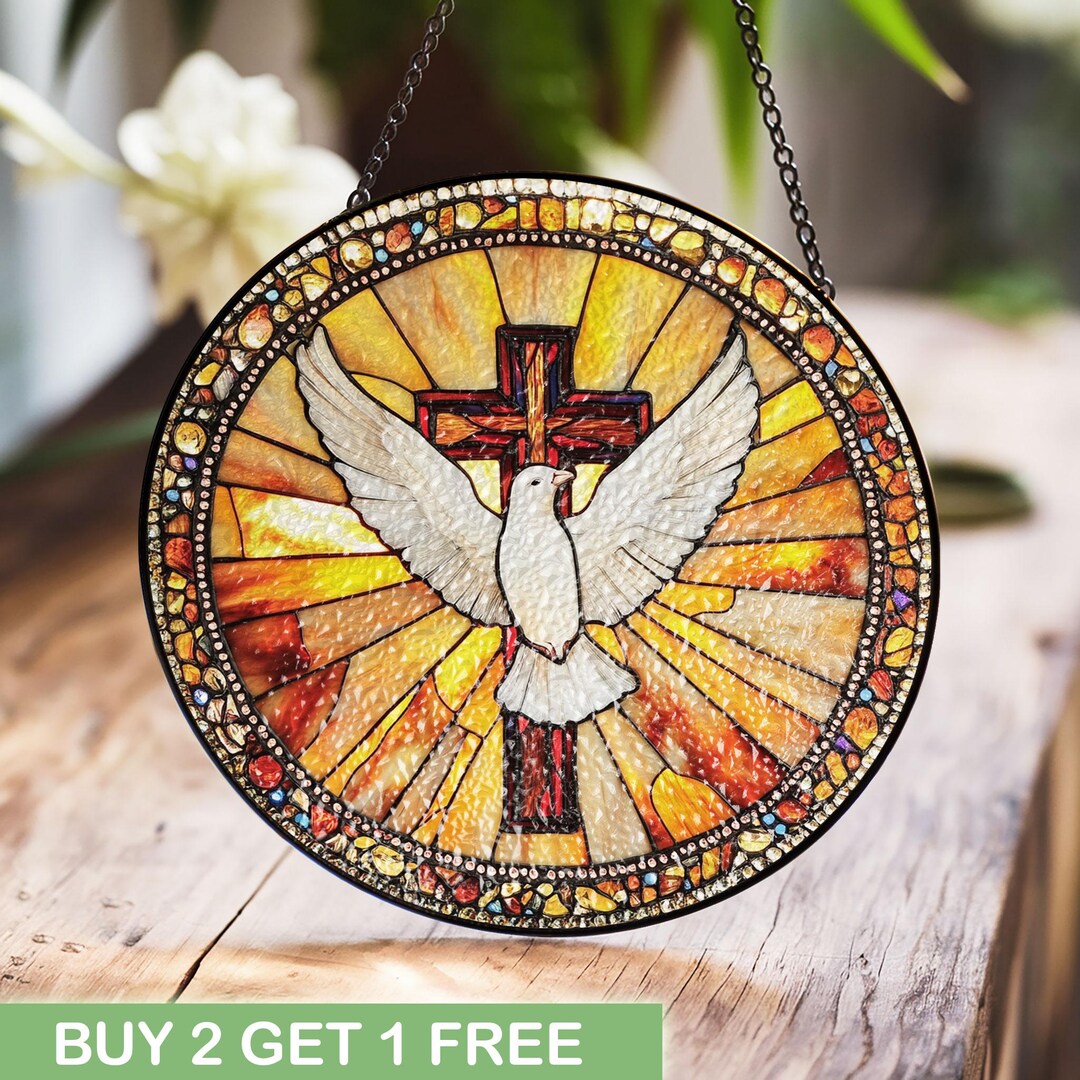 Religious Dove Stained Glass Art, Holy Spirit Cross Sun Catcher ...