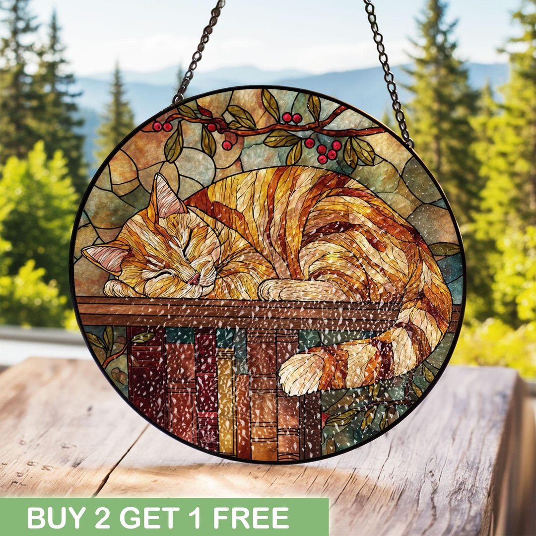 Sleeping Cat Stained Glass Suncatcher, Orange Tabby Books Window ...