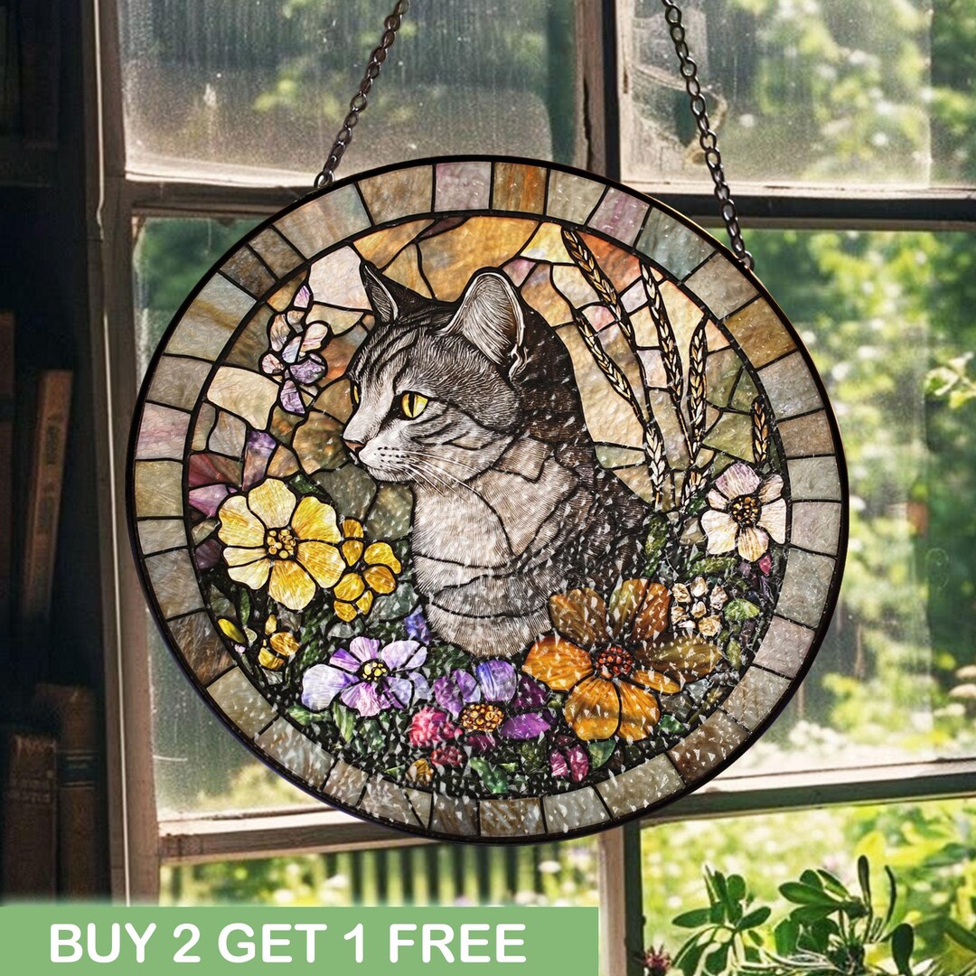 Tabby Cat Stained Glass Suncatcher, Floral Window Panel Gift for Cat ...