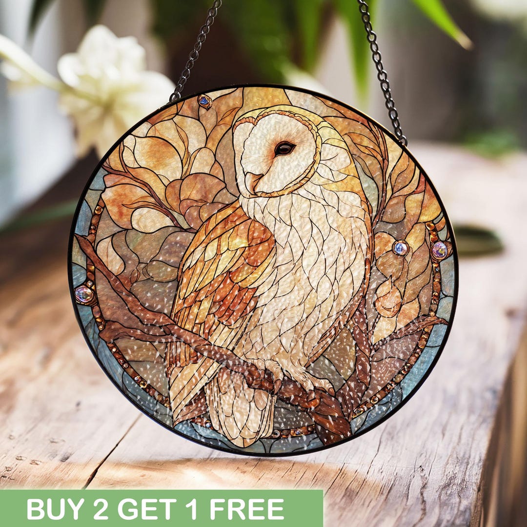 Elegant Barn Owl Stained Glass Window Hanging Unique Nature Inspired 