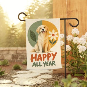 Bandiera da giardino con Golden Retriever, simpatico cartello per il giardino con cane, decorazione per esterni "Happy All Year", striscione per prato primavera/estate, regalo per amanti degli animali