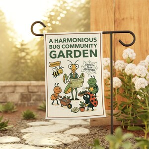以下が含まれることがあります： A HARMONIOUS BUG COMMUNITY GARDENという文字が書かれた長方形のガーデンフラッグ。イラストには、ガーデンプランを持つカマキリ、サステナビリティの旗を持つハチ、手押し車を押すアリ、植物を植えるテントウムシが描かれています。