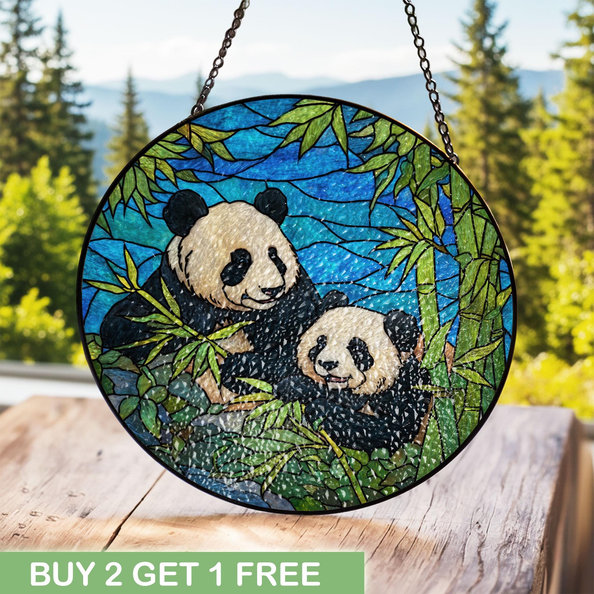 Cute Panda Bear Stained Glass Suncatcher, Mom And Baby Panda Window Hanging, Wildlife Nature Art Decor, Animal Lover Gift For Mothers Day.