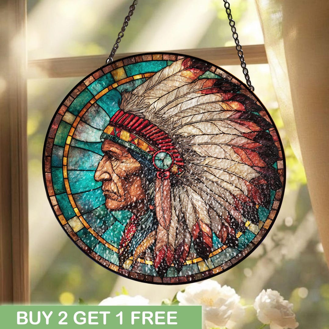 Native Window Display Native American Chief Stained Glass Window Art, Indigenous Warrior Home ...