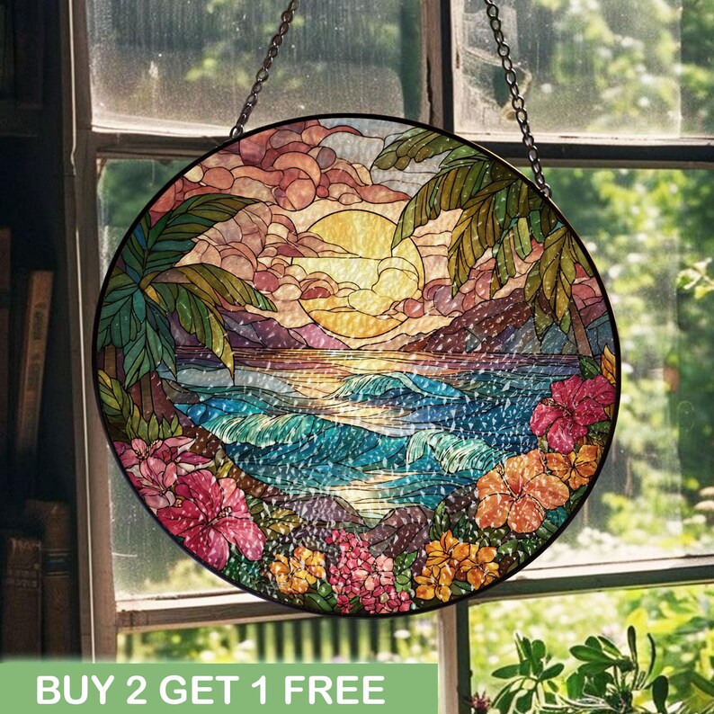 Tropical Beach Sunset Stained Glass Suncatcher, Ocean Waves Window ...