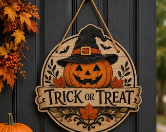 Trick or Treat Wooden Hanging Sign, Pumpkin Halloween Door Decor, Rustic Fall Wall Hanging, Autumn Porch Decoration