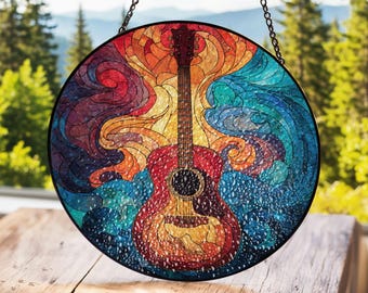 Akustische Gitarre Buntglas Suncatcher, Bunte Musik Liebhaber Fenster Hängen, Musiker Geschenk für Papa, Gitarrist Geburtstagsgeschenk Decor Home