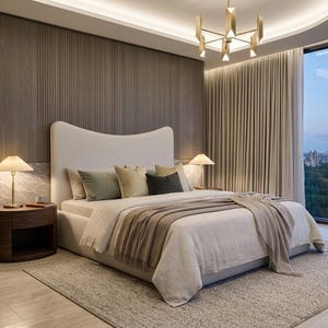 May include: A bedroom featuring a large bed with a white upholstered headboard, white bedding, and a beige throw blanket. Two dark wood nightstands with pleated lamps sit on either side. A textured rug covers the floor, and floor-to-ceiling windows.