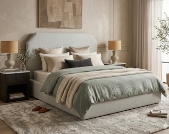 Custom Upholstered King Platform Bed - Handmade Headboard - Bespoke Fabric Bed Frame - Luxury Bedroom Furniture