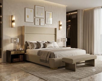 King Horizontal Channel Upholstered Bed | Tall Modern Framed Headboard Platform Frame