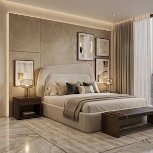 May include: A bedroom featuring a beige upholstered bed with a curved headboard, two dark wood nightstands with glass lamps, a dark wood bench at the foot of the bed, and three framed abstract art prints mounted on a beige wall with recessed lighting.