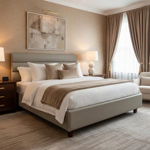 Mid-Century Upholstered Platform Bed | Rounded Channel Headboard, Bolster Panels