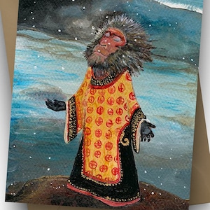 Cartão individual Snow Monkey / Primeira Neve / Dia dos Pais / em branco por dentro / tamanho A6 / envelope incluso / por Jahna Vashti