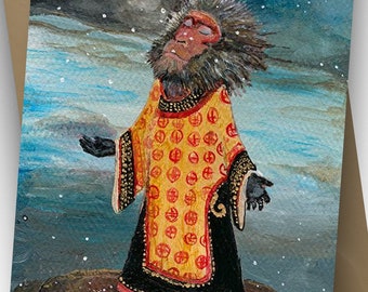 Carte unique Singe des neiges / Première neige / Fête des pères / intérieur vierge / format A6 / enveloppe incluse / par Jahna Vashti