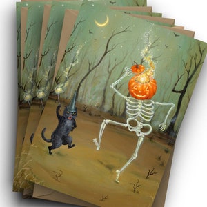 Spooky Sparkles set of Halloween cards, black cat, jack o' lantern, pumpkin, skeleton, autumn, fall, holiday, whimsical, by Jahna Vashti