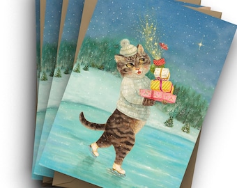 Holiday Rush Card sets, Christmas cards, Cat, Kitty, tabby cat, holiday cards, whimsical, winter solstice, ice skating, by Jahna Vashti