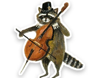 Racoon Vinyl Sticker, die cut raccoon sticker, gift for under 10 dollars, cello, gift for cellist, by Jahna Vashti