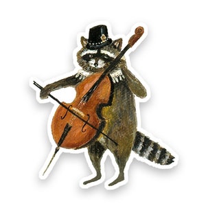 Racoon Vinyl Sticker, die cut raccoon sticker, gift for under 10 dollars, cello, gift for cellist, by Jahna Vashti image 1