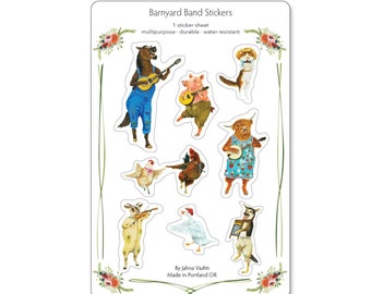 Barnyard Band Sticker Sheet, envelope seals, farm animals, country, barn animals, vinyl stickers, gift idea, cute stickers, by Jahna Vashti