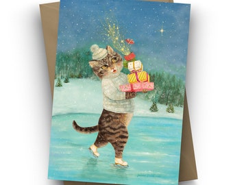 Single Card, Holiday Rush, Christmas card, Cat, Kitty, Tabby Cat, ice skating, snow, Winter Solstice, birthday, by Jahna Vashti