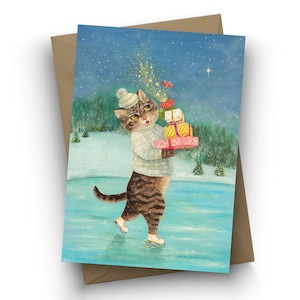 Single Card, Holiday Rush, Christmas card, Cat, Kitty, Tabby Cat, ice skating, snow, Winter Solstice, birthday, by Jahna Vashti