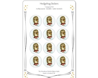 Little Round Hedgehog Sticker Sheet / Envelope Seals / artwork by Jahna Vashti