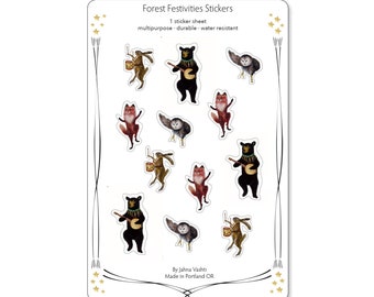 Forest Festivities Sticker Sheet / tiny vinyl stickers / envelope seals / artwork by Jahna Vashti
