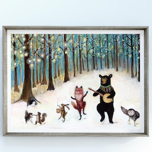 Tańczący zespół leśnych zwierząt z okazji leśnych uroczystości, ilustracja do fantazyjnej zimowej książki z opowieściami autorstwa Jahn Vashti