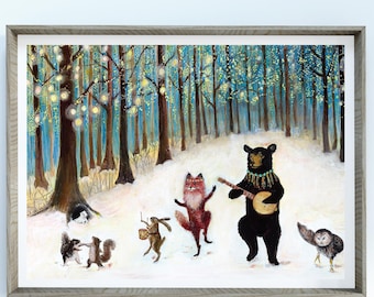 Forest Festivities Dancing Woodland Animal Band Art Print, Whimsical Winter Storybook Illustration by Jahna Vashti
