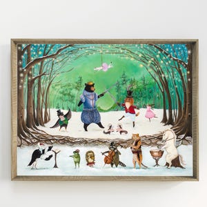 くるみ割り人形の森の動物のアートプリント、冬の物語の動物オーケストラのイラスト、Jahna Vashti 作