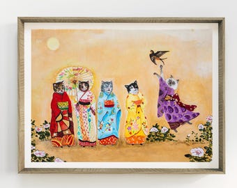 Kimono Katzen Kunstdruck, wunderliche japanisch inspirierte Märchenbuch Illustration von Jahna Vashti