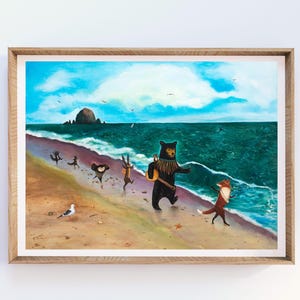 Väggkonst med skogsvänner, illustration av Haystack Rock Cannon Beach, nyckfullt sagoboksskogstryck av Jahna Vashti