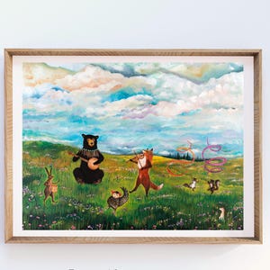 Spring Woodland Animal Dance Art Print, Whimsical Storybook Meadow Illustration, by Jahna Vashti