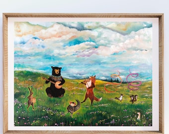Spring Woodland Animal Dance Art Print, Whimsical Storybook Meadow Illustration, by Jahna Vashti