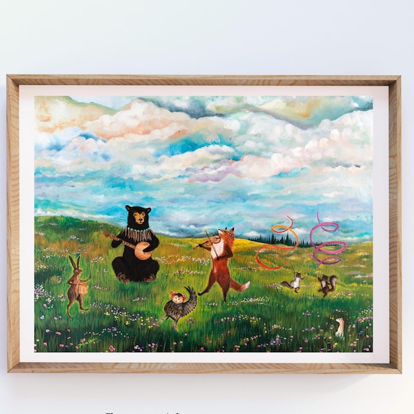 Grafika artystyczna „Wiosenny taniec leśnych zwierząt”, zabawna ilustracja z bajki na łące, autorstwa Jahn Vashti