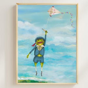 Fliegender Frosch mit Drachen Kunstdruck, wunderliche Märchenbuch Kindheit Illustration von Jahna Vashti