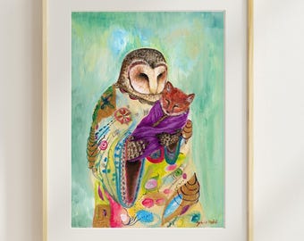 Owl and Fox Wall Art, Woodland Storybook Animal Illustration Print, by Jahna Vashti
