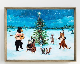 Winter Woodland Animal Band Art Print, Storybook Night Celebration Illustration, by Jahna Vashti