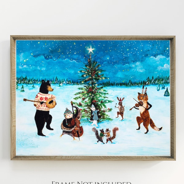 Grafika artystyczna „Zimowy zespół leśnych zwierząt”, ilustracja z okazji „Nocy bajek” autorstwa Jahn Vashti