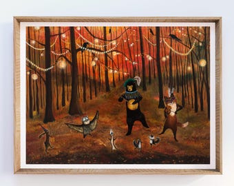 Impresión artística de animales del bosque otoñal, ilustración caprichosa de cuento de hadas otoñal, de Jahna Vashti