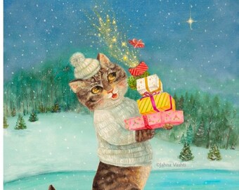 Holiday Rush print, cat, tabby cat, kitty,  ice skating, wall decor, nursery art, kids playroom, winter, Christmas, by Jahna Vashti