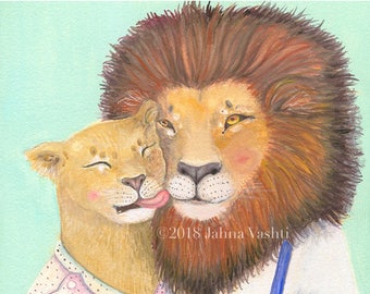 Ruthie & Hal Print, lion art, nursery decor, home decor, wall art, wedding gift idea, nursery art, kids room, whimsical art, by Jahna Vashti