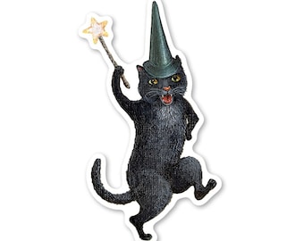 Spooky Cat vinyl sticker, witch kitty cat, black cat, Halloween, magic wand, whimsical, die cut, cute, gift under 10, by Jahna Vashti