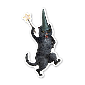Witch Cat Sticker – Dancing Cat – Whimsical Animal Vinyl Sticker – by Jahna Vashti