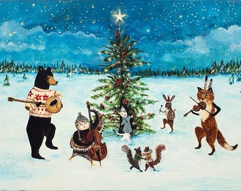 print christmas art holiday art woodland christmas winter solstice animal band dancing animals holiday decor banjo - Woodland Christmas print christmas art holiday art woodland christmas winter solstice animal band dancing animals holiday decor banjo - Woodland Christmas