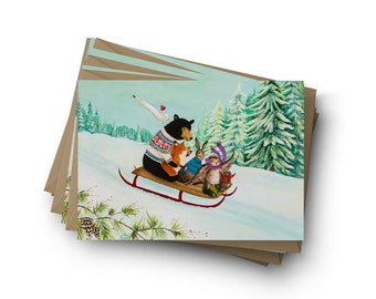 Wintry Tantivy Holiday Card sets, Christmas cards, Winter Solstice, Winter cards baby Shower, woodland Christmas, whimsical, by Jahna Vashti