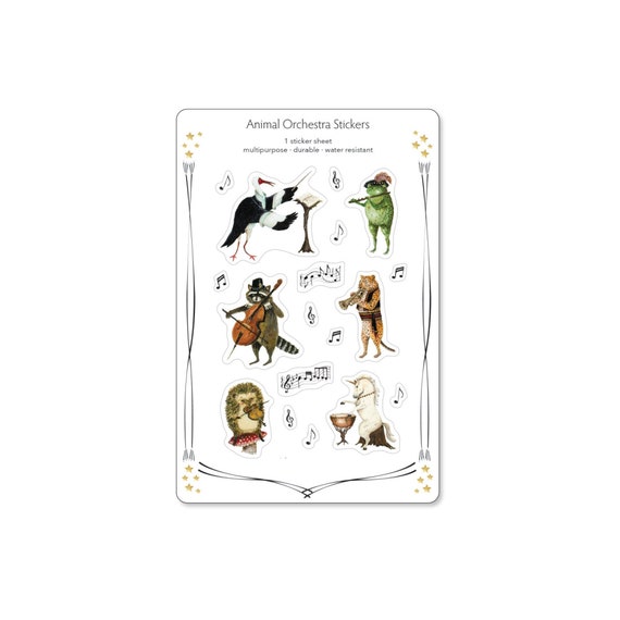 Musical Animal Sticker Sheet – Orchestra Animals & Music Notes – Whimsical Vinyl Stickers – by Jahna Vashti