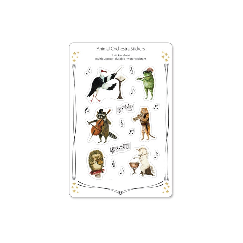 May include: A sheet of stickers featuring various animals playing musical instruments. The animals include a raccoon playing cello, a unicorn playing a drum, a hedgehog playing a trumpet, a frog playing a flute, and a bird playing a piano. The stickers are labeled "Animal Orchestra Stickers" and are described as "multipurpose, durable, and water resistant".