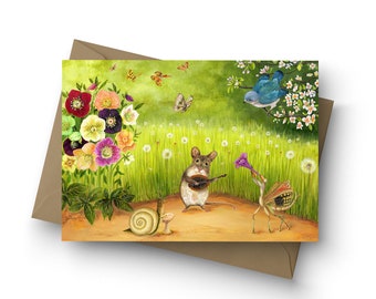 Single Card / Garden Gig / Wood Mouse / Praying Mantis / Snail / birthday / friendship / musical / flora and fauna by Jahna Vashti