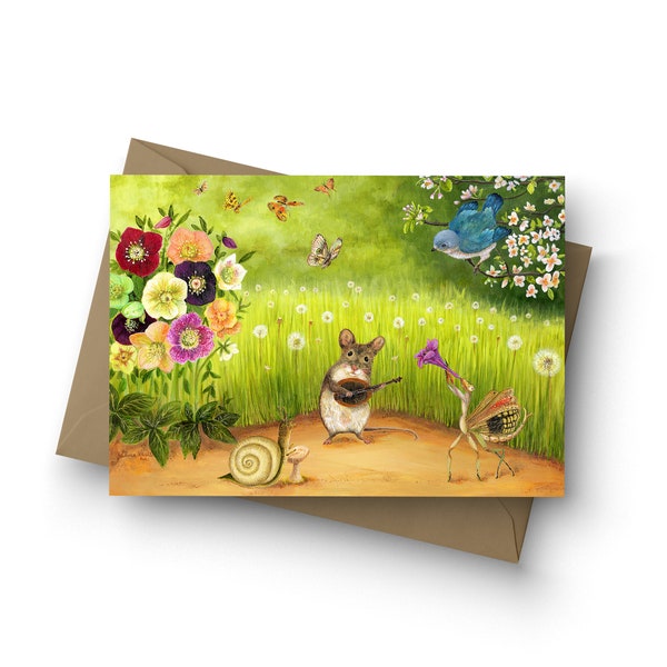 Single Card / Garden Gig / Wood Mouse / Praying Mantis / Snail / birthday / friendship / musical / flora and fauna by Jahna Vashti